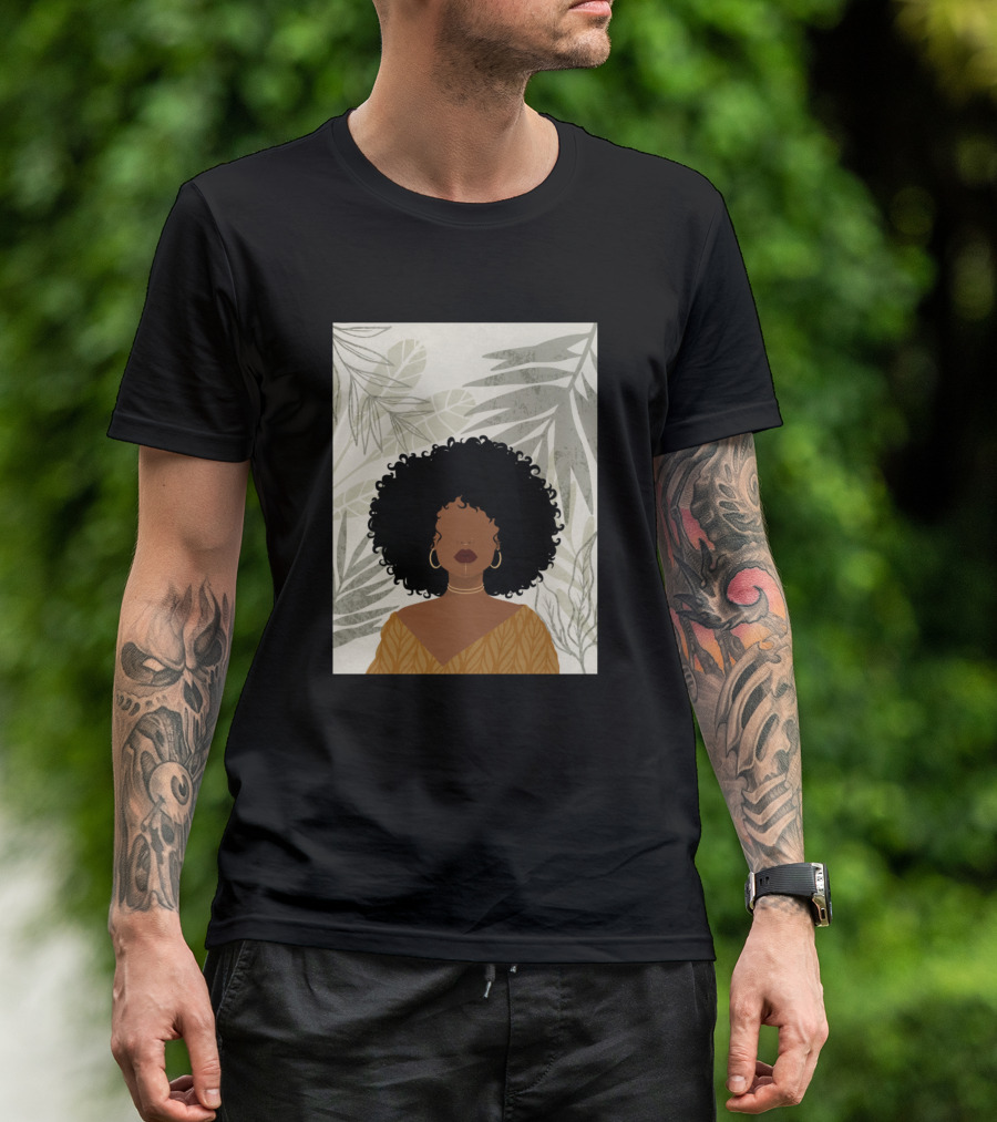 Girl With Leaves And Curly Hair In Tropical Background T-Shirt
