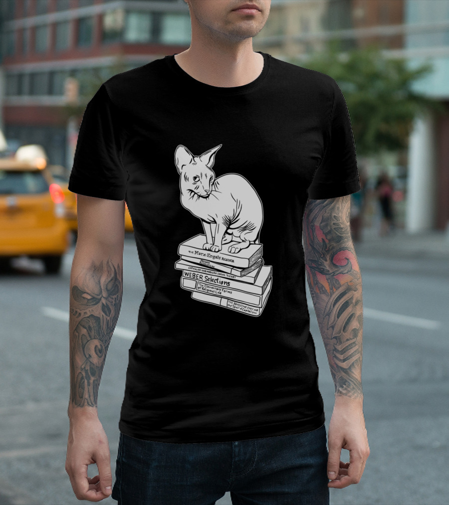 Marxist Cat on Marx Engels Reader and Weber Selections Book Stack T-Shirt