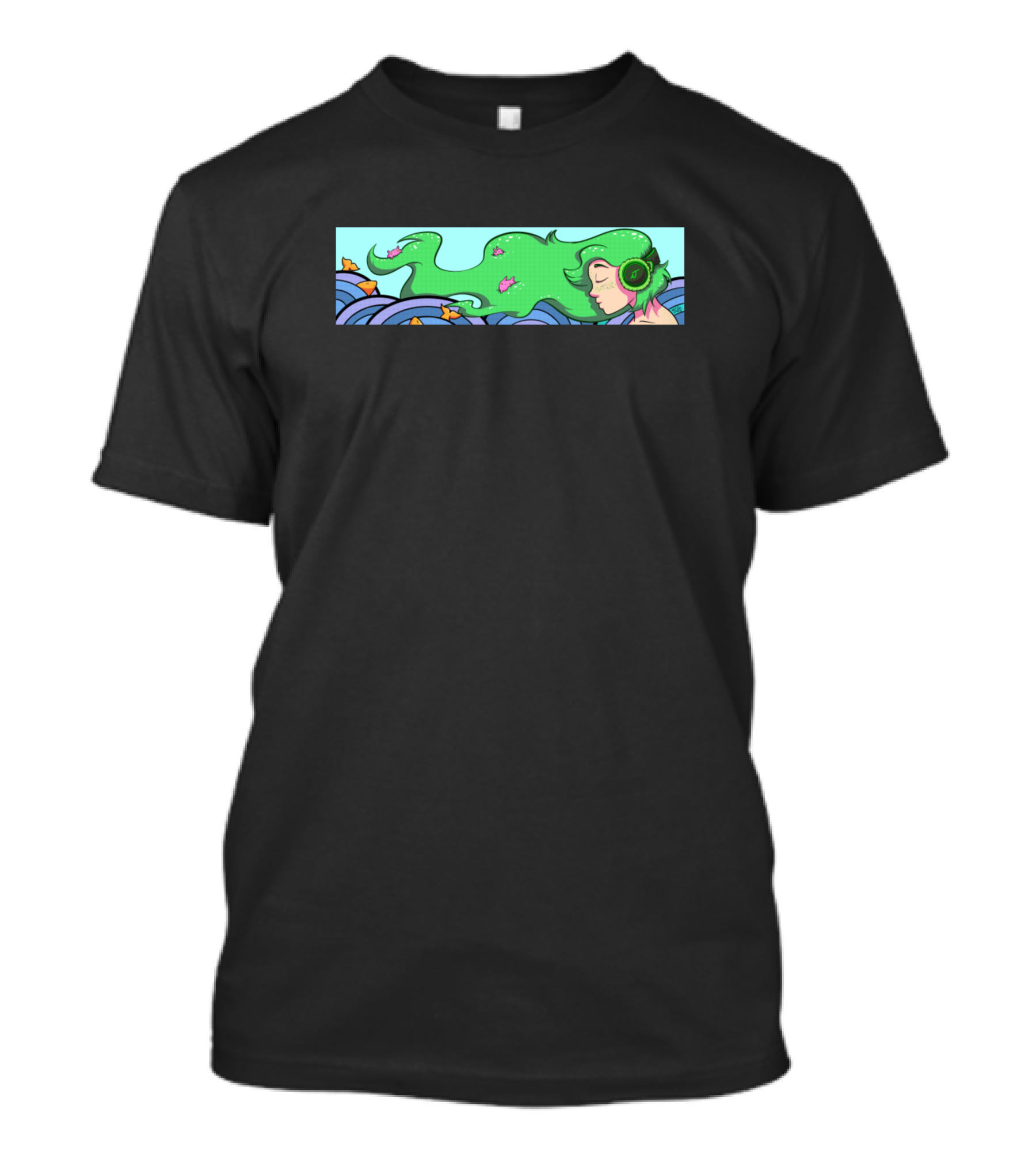 Netjan Ocean Waves Green Hair Headphones Waves And Flowers T-Shirt