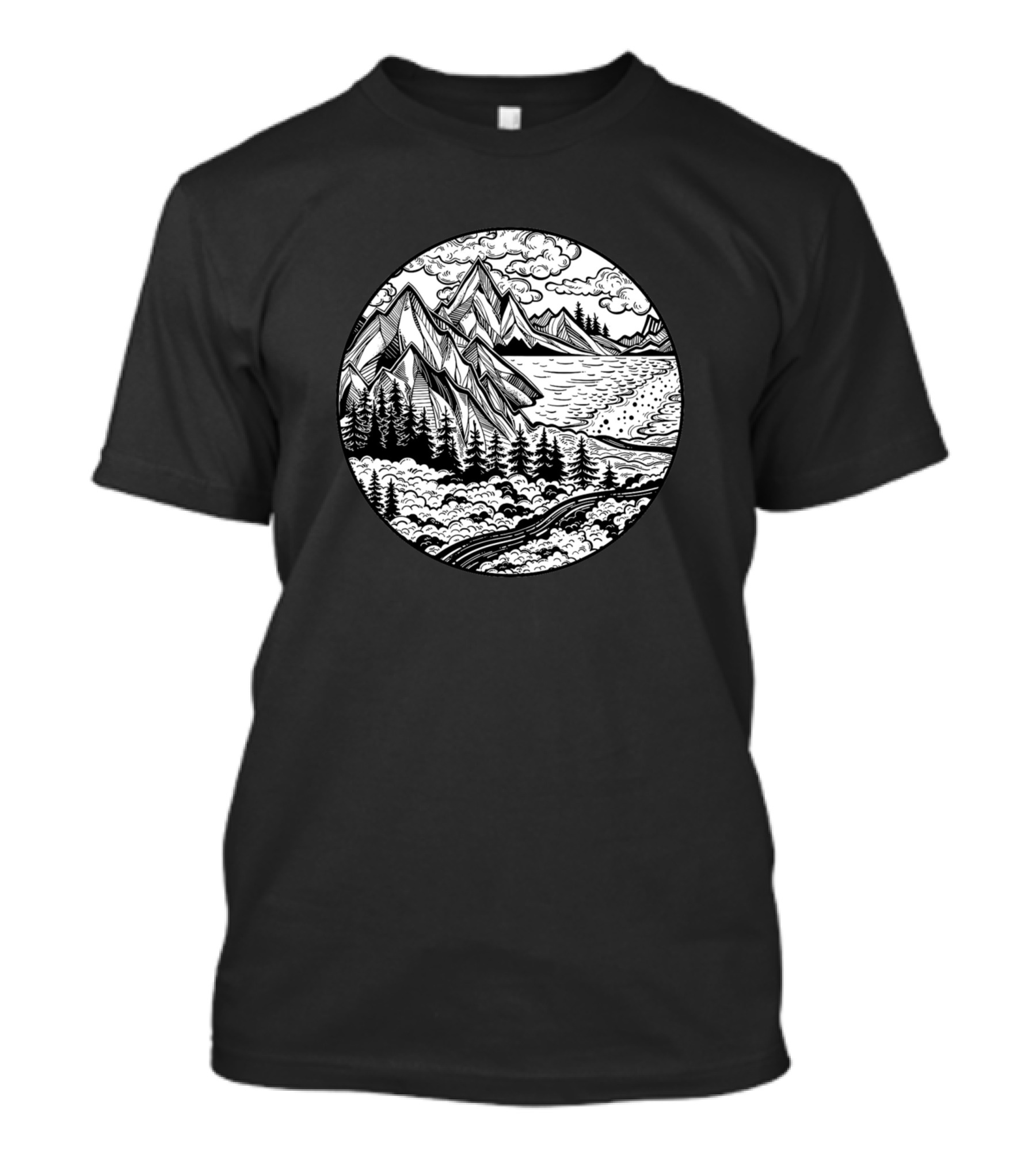 Scenic Mountain Landscape With River And Forest For Travel And Wanderlust Adventure T-Shirt