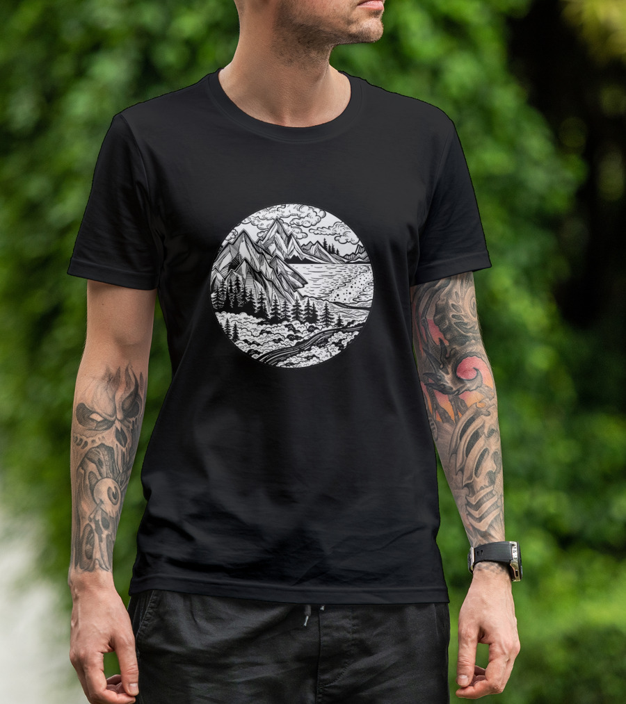Scenic Mountain Landscape With River And Forest For Travel And Wanderlust Adventure T-Shirt