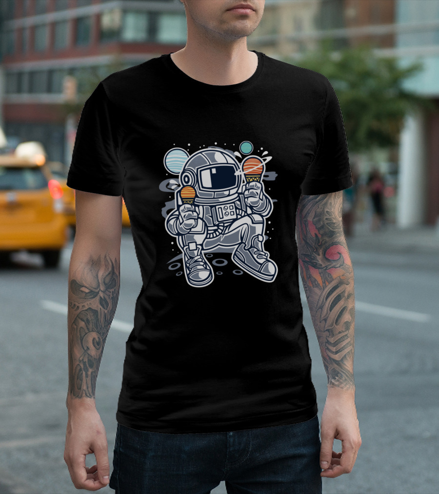 Astronaut Enjoying Cosmic Ice Cream Cones in Space Adventure T-Shirt