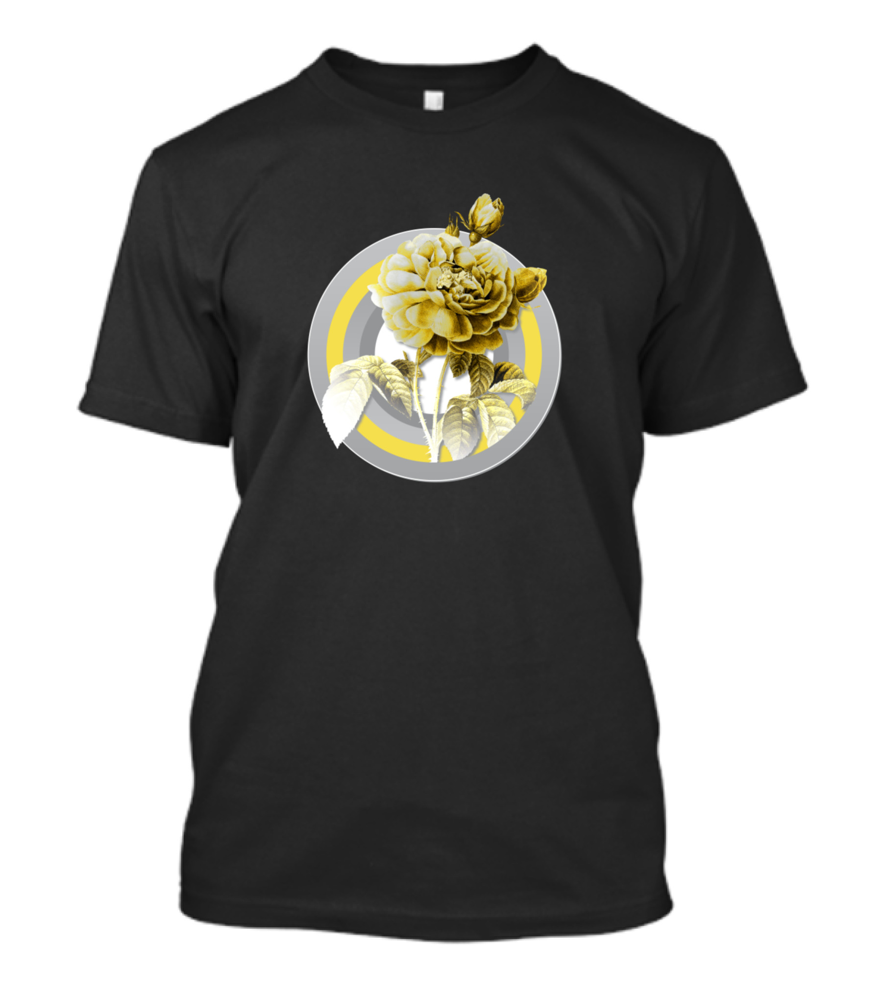 Botanical Gallic Rose Circle Gray Yellow T-Shirt
