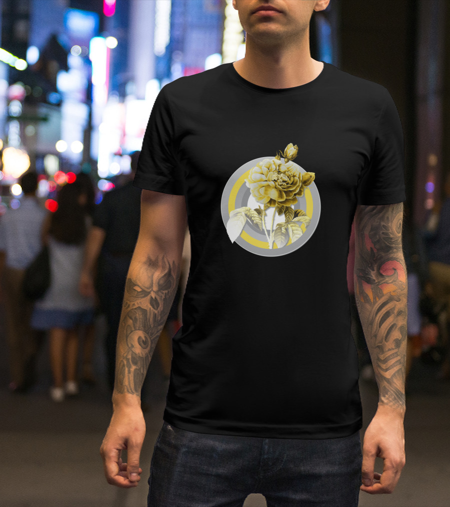Botanical Gallic Rose Circle Gray Yellow T-Shirt