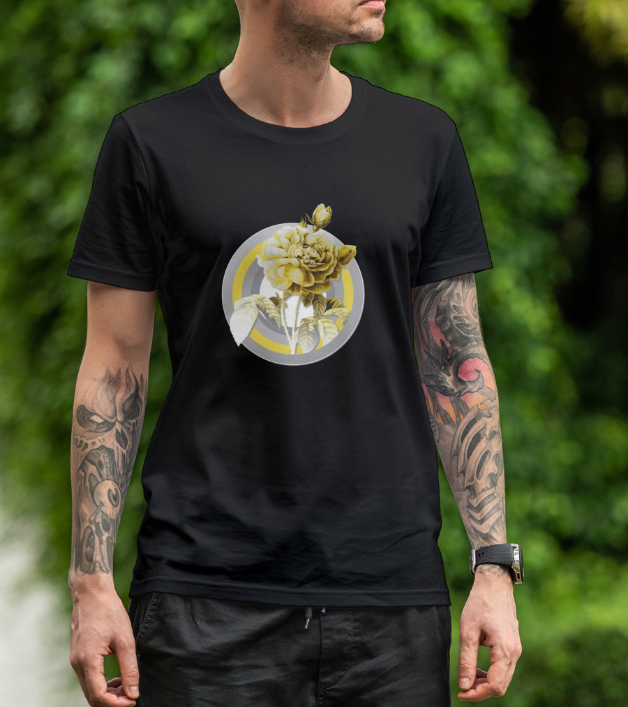Botanical Gallic Rose Circle Gray Yellow T-Shirt