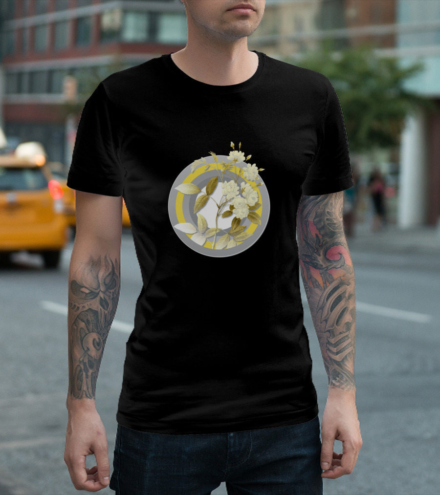 Botanical Illustration Lady Banks Rose Yellow Gray Circle T-Shirt