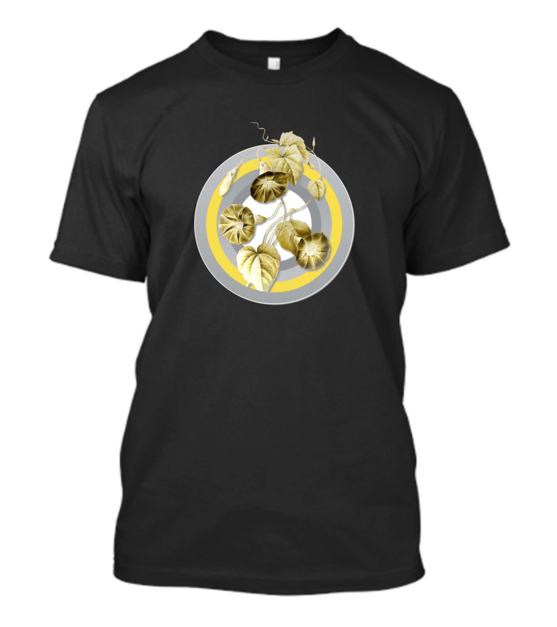 Botanical Illustration Morning Glory Circle In Gray And Yellow T-Shirt