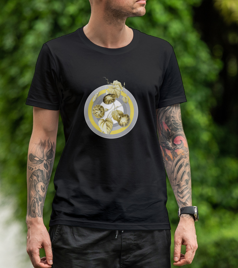 Botanical Illustration Morning Glory Circle In Gray And Yellow T-Shirt