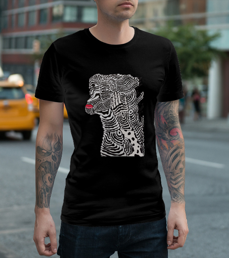 Caress Patterned Abstract Face with Red Lips T-Shirt