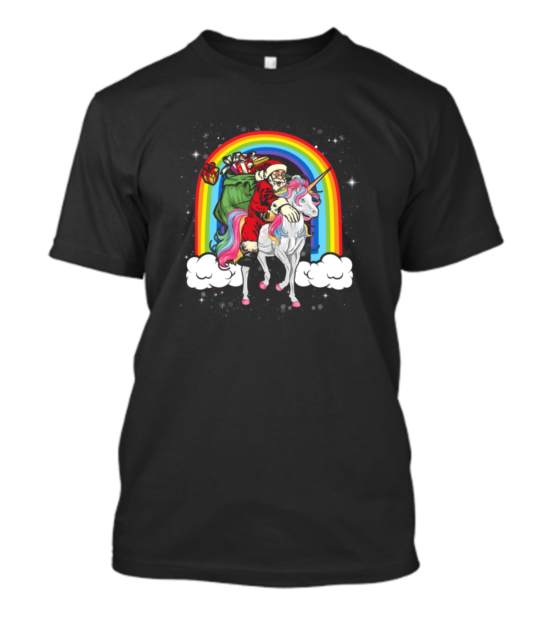 Santa Riding Unicorn With Gifts Rainbow Clouds Christmas T-Shirt