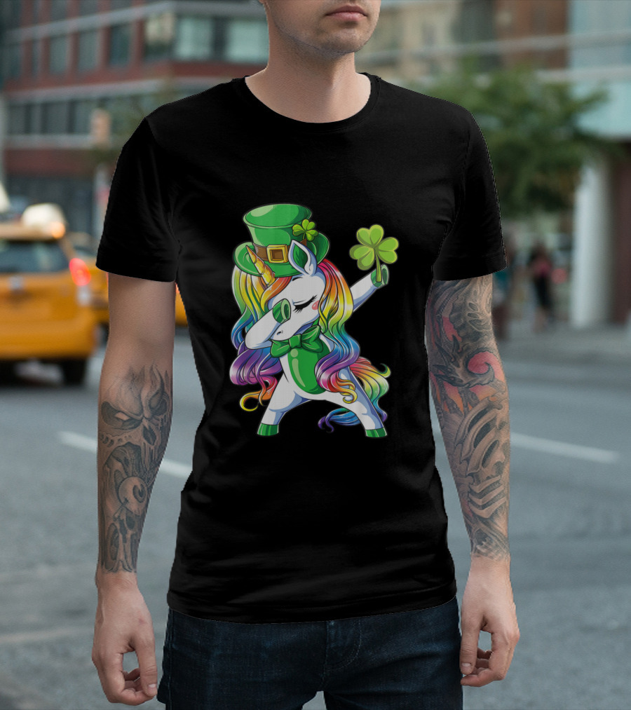 Unicorn Dabbing Leprechaun With Rainbow Mane And Shamrock Hat T-Shirt