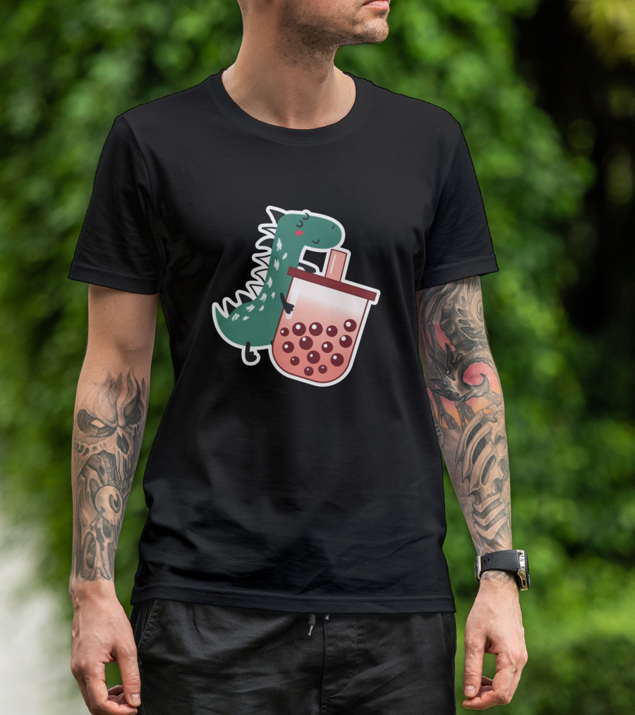 Cute Dino Hugging Boba Tea Drink T-Shirt