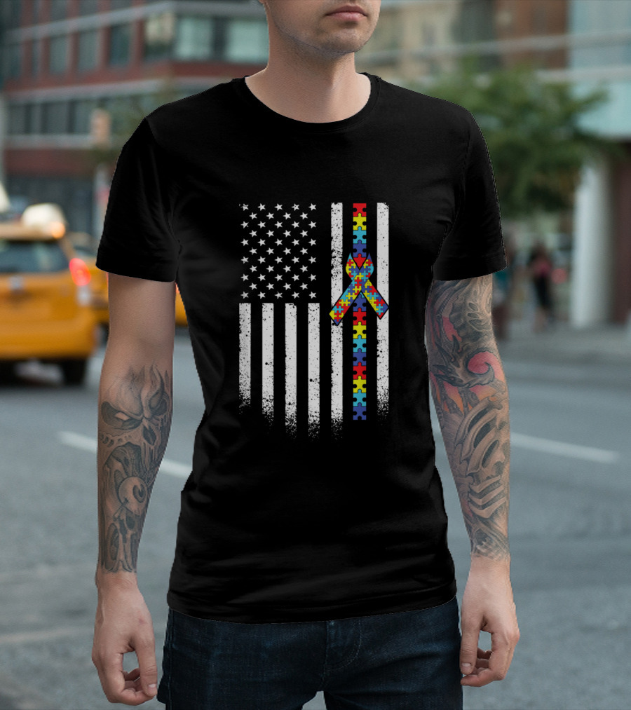 Dino Rex Heart Autism Awareness USA Flag Puzzle T-Shirt