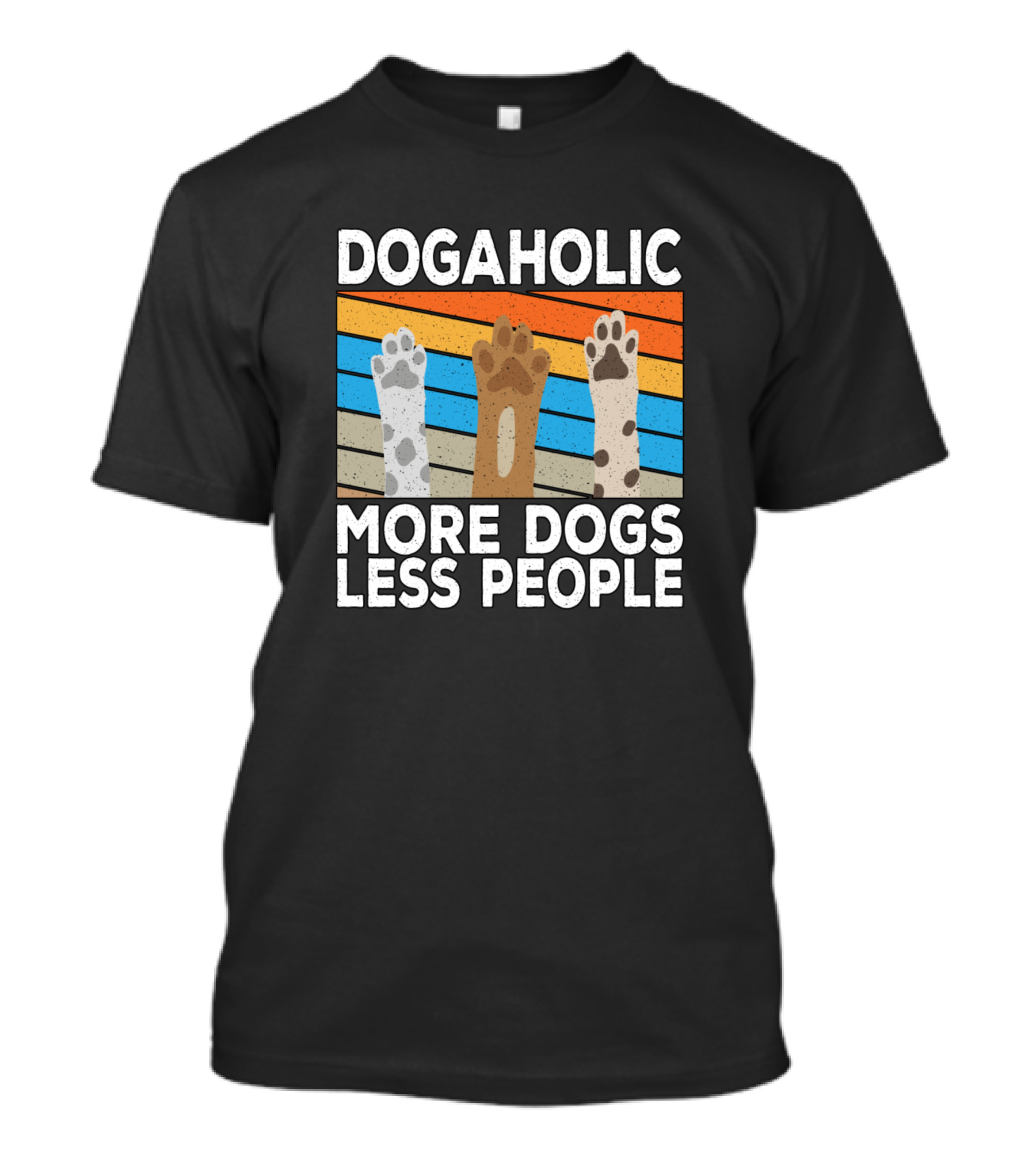 Dogaholic More Dogs Less People Paw Print Retro Stripes T-Shirt