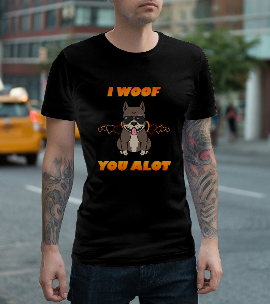 I Woof You A Lot Orange Dark Brown Pitbull With Sunglasses And Hearts T-Shirt