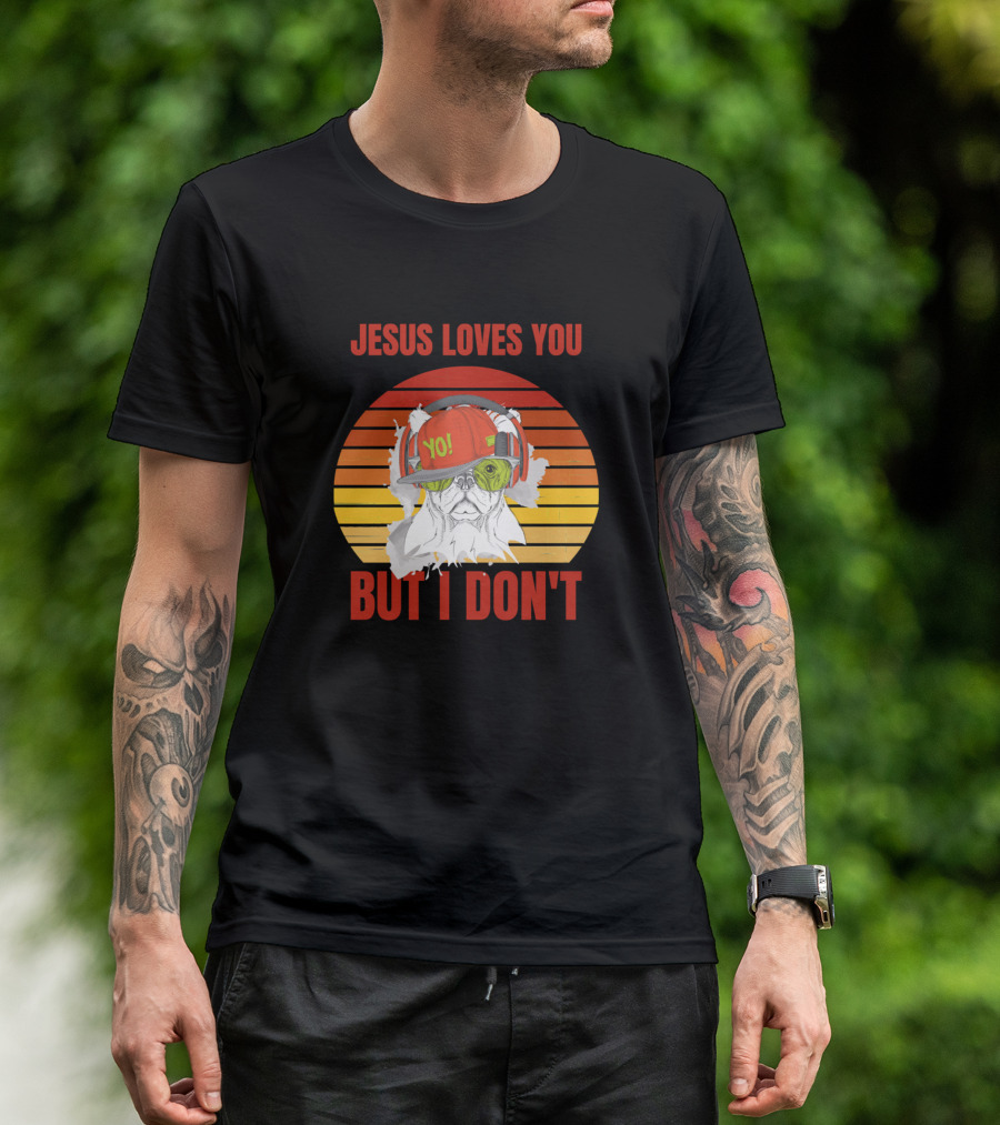 JESUS LOVES YOU BUT I DON'T Dog With Headphones And Hat YO Retro Sunset T-Shirt