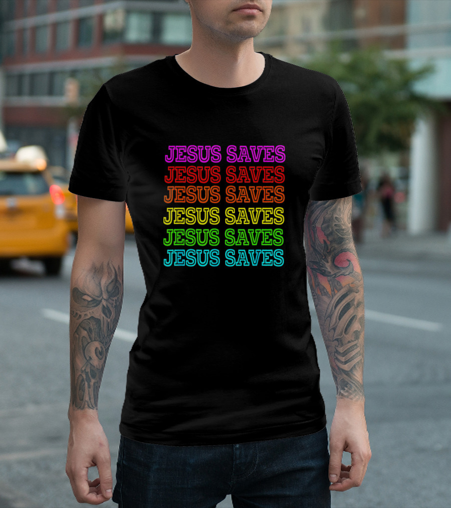 Jesus Saves in Vibrant Rainbow Colors Repeated Multiple Times T-Shirt