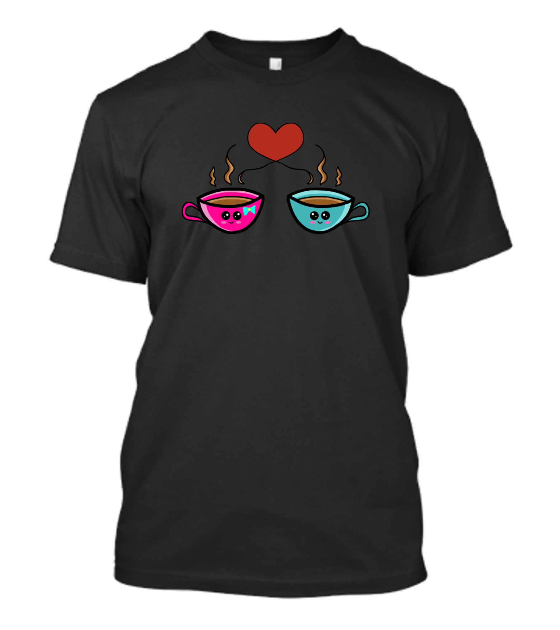 Kawaii Cute Coffee Couple In Love Heart Cup Faces T-Shirt