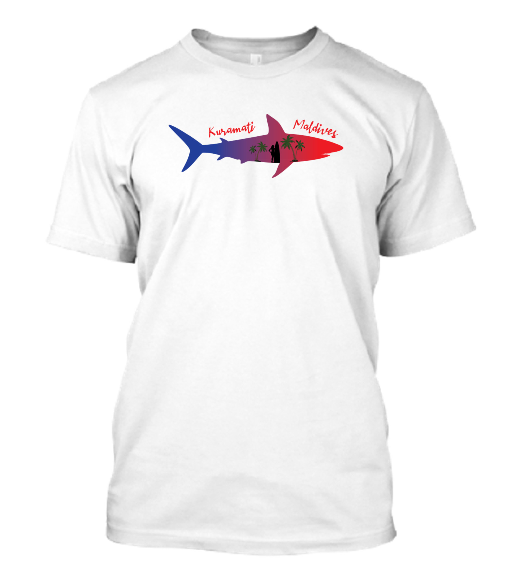 Kuramati Maldives Shark Silhouette With Palm Trees And Couple In Gradient Colors T-Shirt