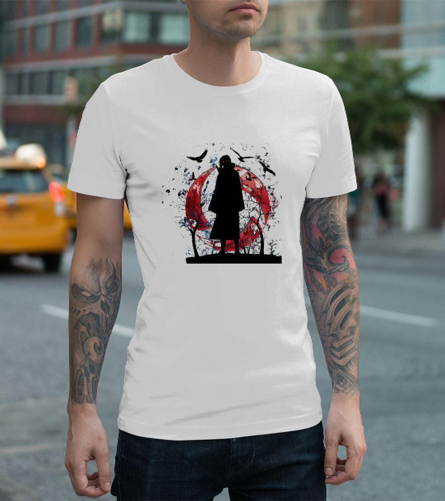 Uchiha Itachi Silhouette with Red Sharingan Moon and Crows T-Shirt