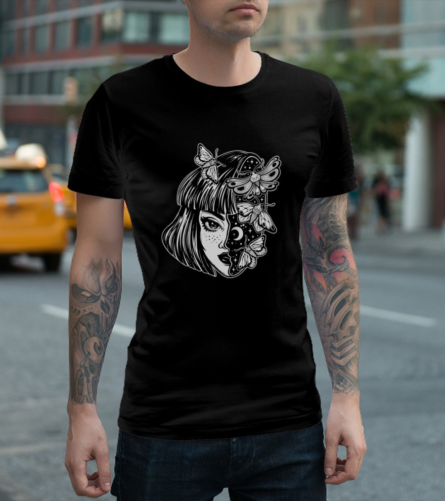 Magical Surreal Witch Girl with Moths and Celestial Half Face T-Shirt