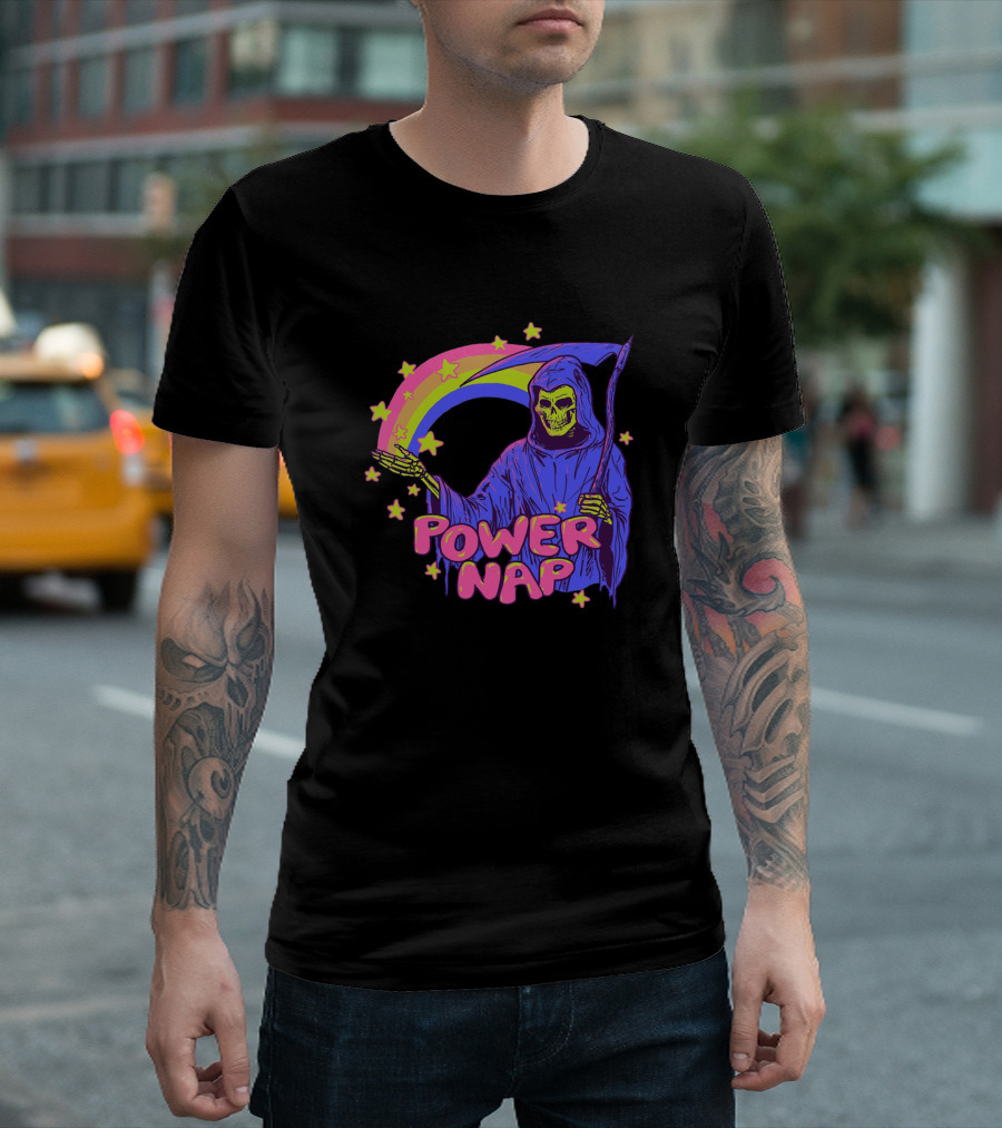 Power Nap Grim Reaper Rainbow Skeleton Stars T-Shirt