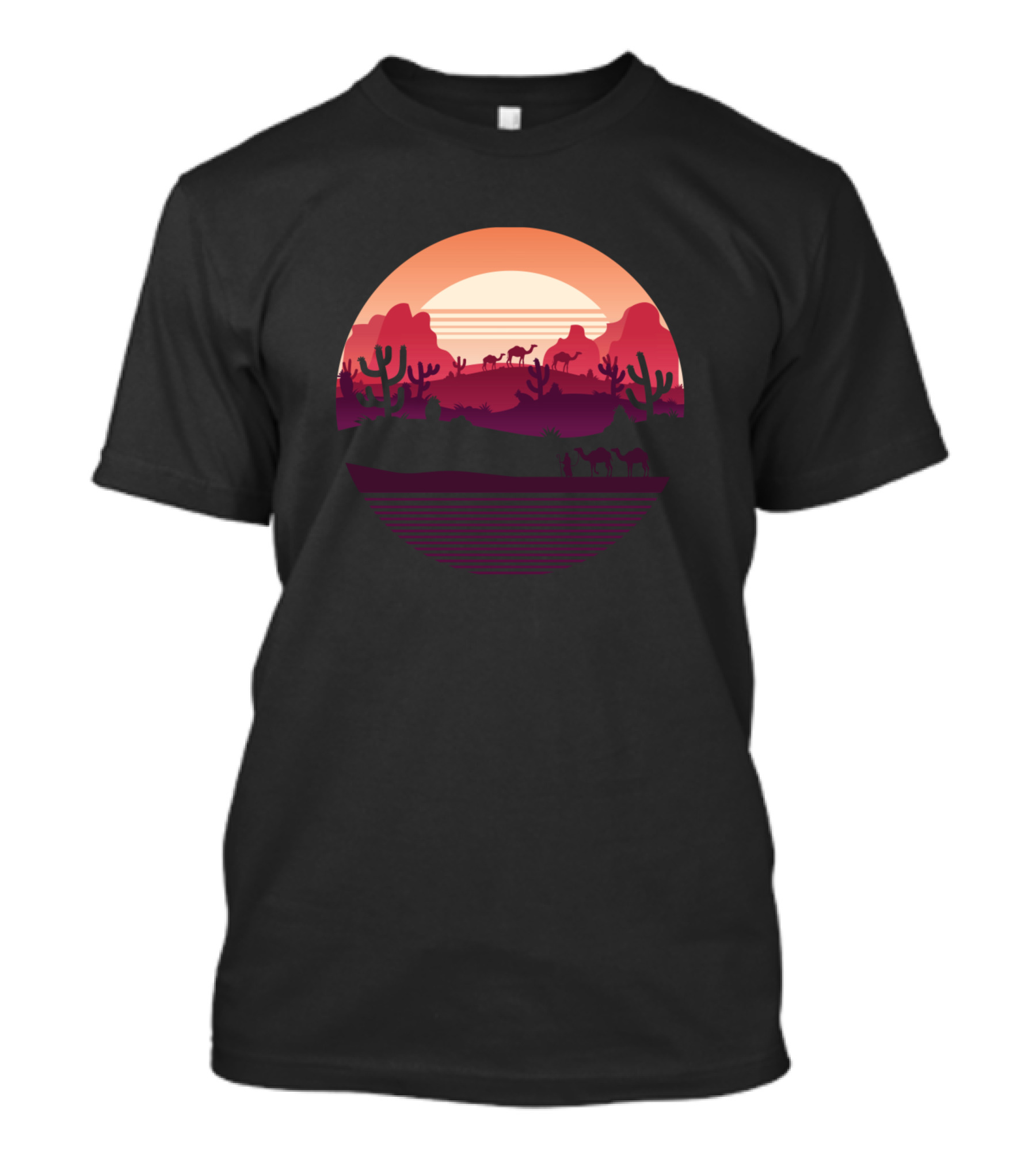 Sahara Desert Camels At Sunset Skyline Landscape T-Shirt