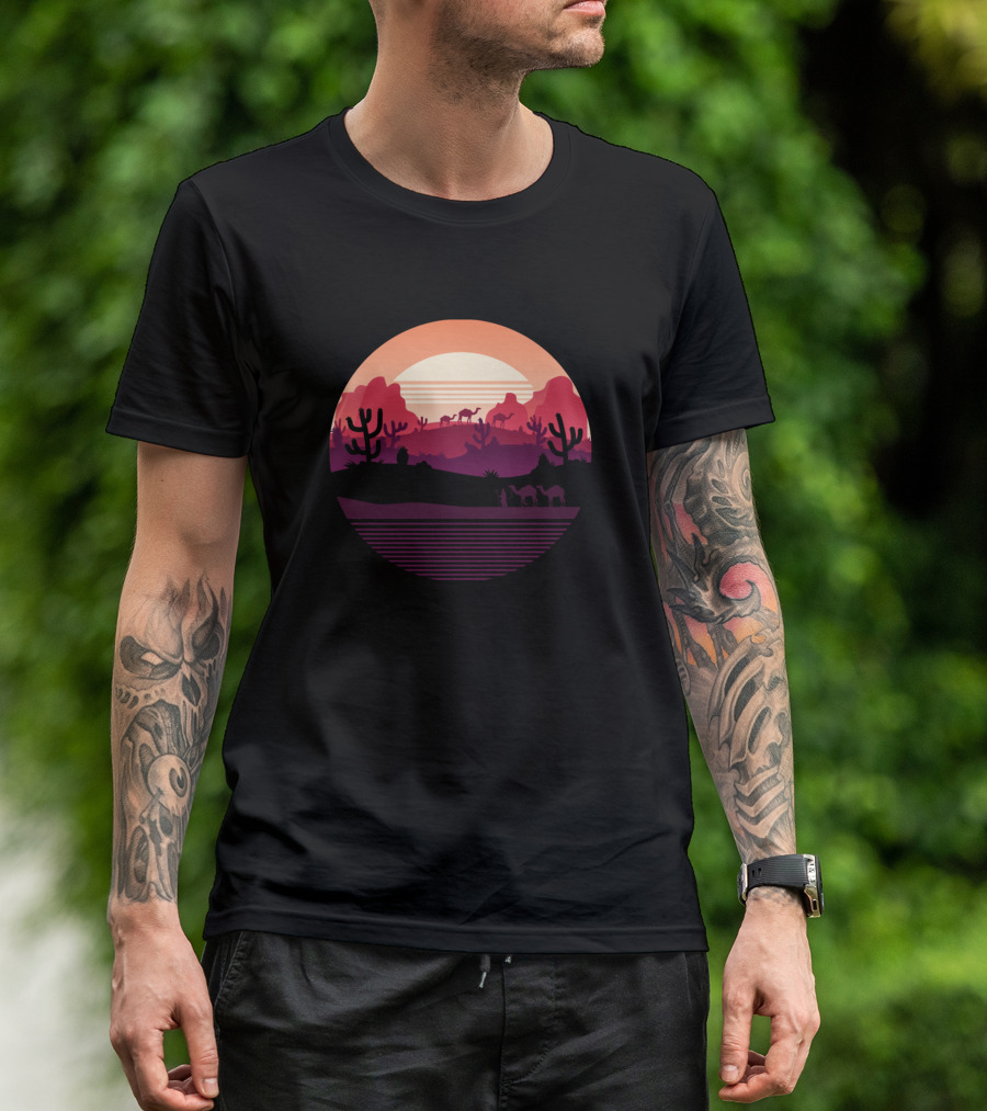 Sahara Desert Camels At Sunset Skyline Landscape T-Shirt