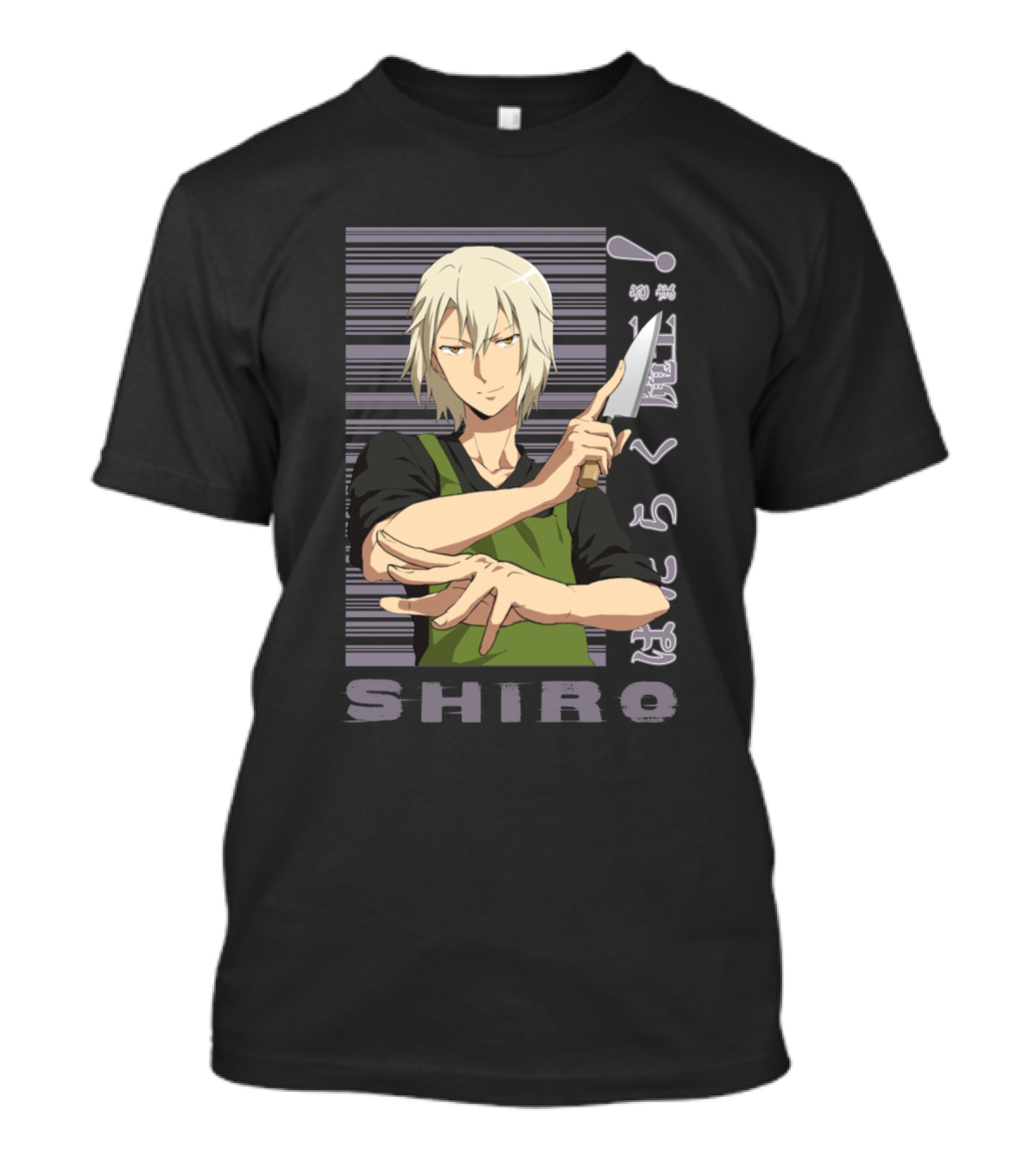 Shiro Ashiya Aka Alciel Knife-Wielding Pose With Vertical Text And Barcode Background T-Shirt
