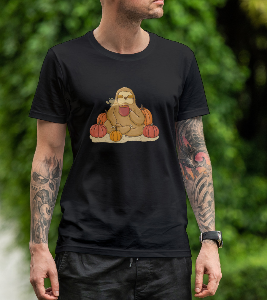 Sloth Relaxing With Coffee Surrounded By Pumpkins T-Shirt
