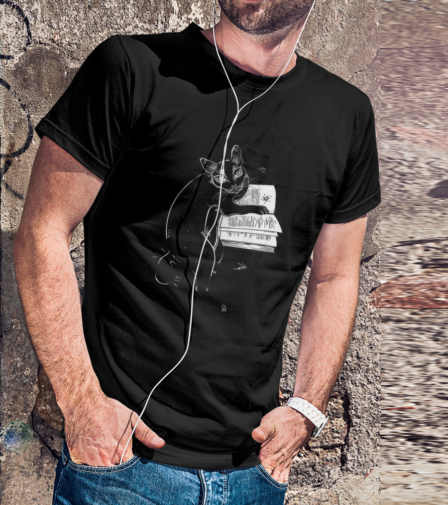 Magic Black Cat With Open Book Of Spells T-Shirt