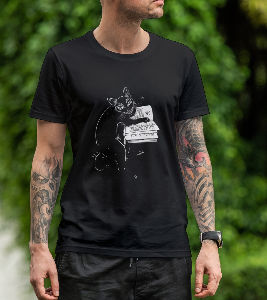 Magic Black Cat With Open Book Of Spells T-Shirt