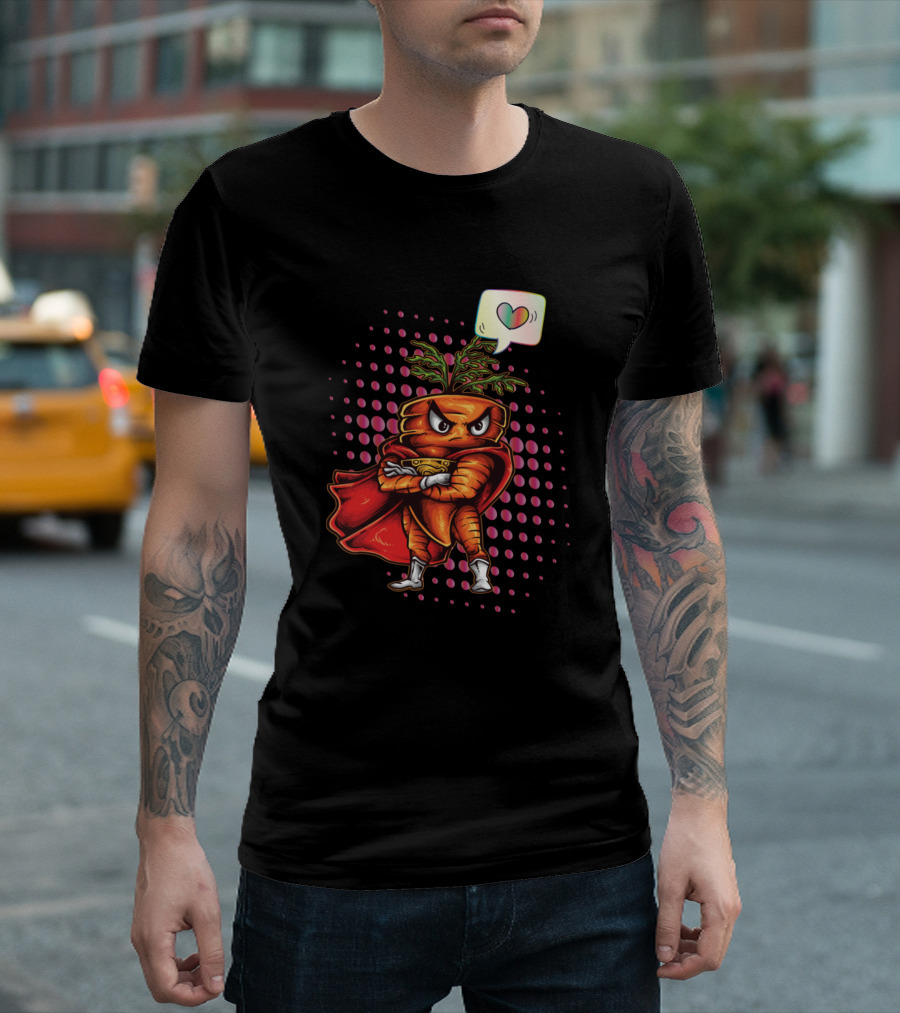 Superhero Carrot With Heart Symbol In Comic T-Shirt