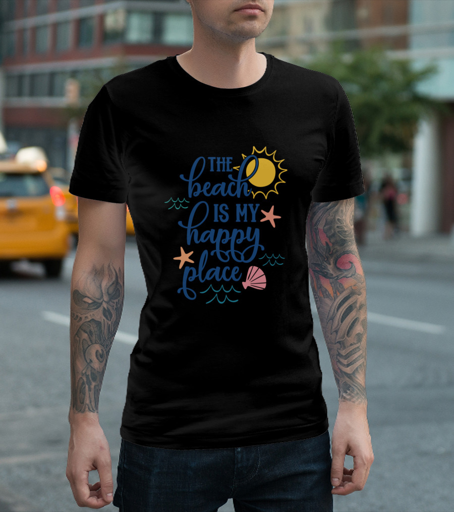 The Beach Is My Happy Place Sun Starfish Seashell Waves T-Shirt