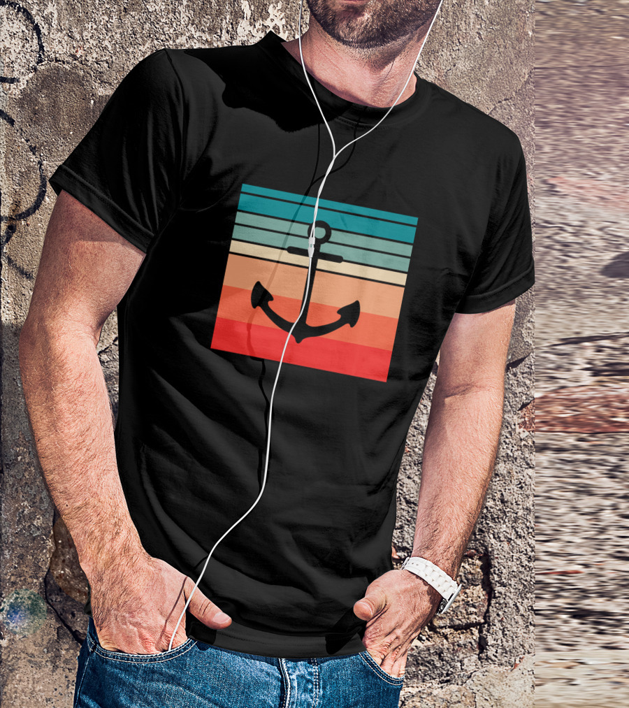 Retro Anchor Vintage Nautical Sunset Stripes T-Shirt