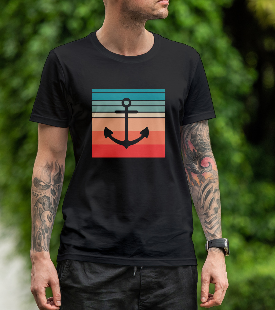 Retro Anchor Vintage Nautical Sunset Stripes T-Shirt