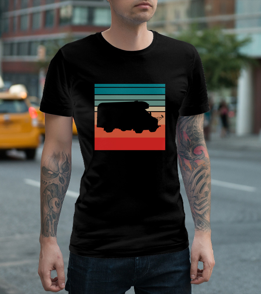 Retro Sunset Striped Silhouette School Bus Scene T-Shirt