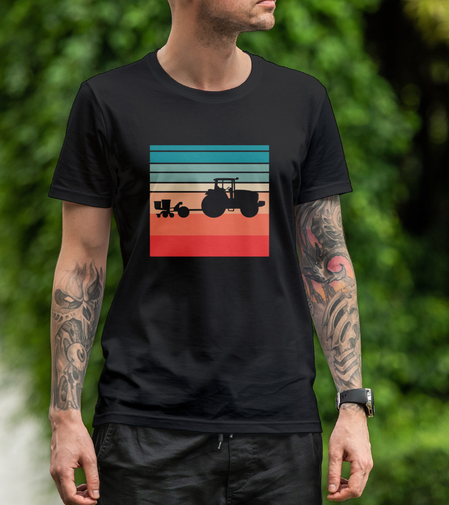 Retro Silhouette Tractor With Planter And Colorful Stripes Background T-Shirt