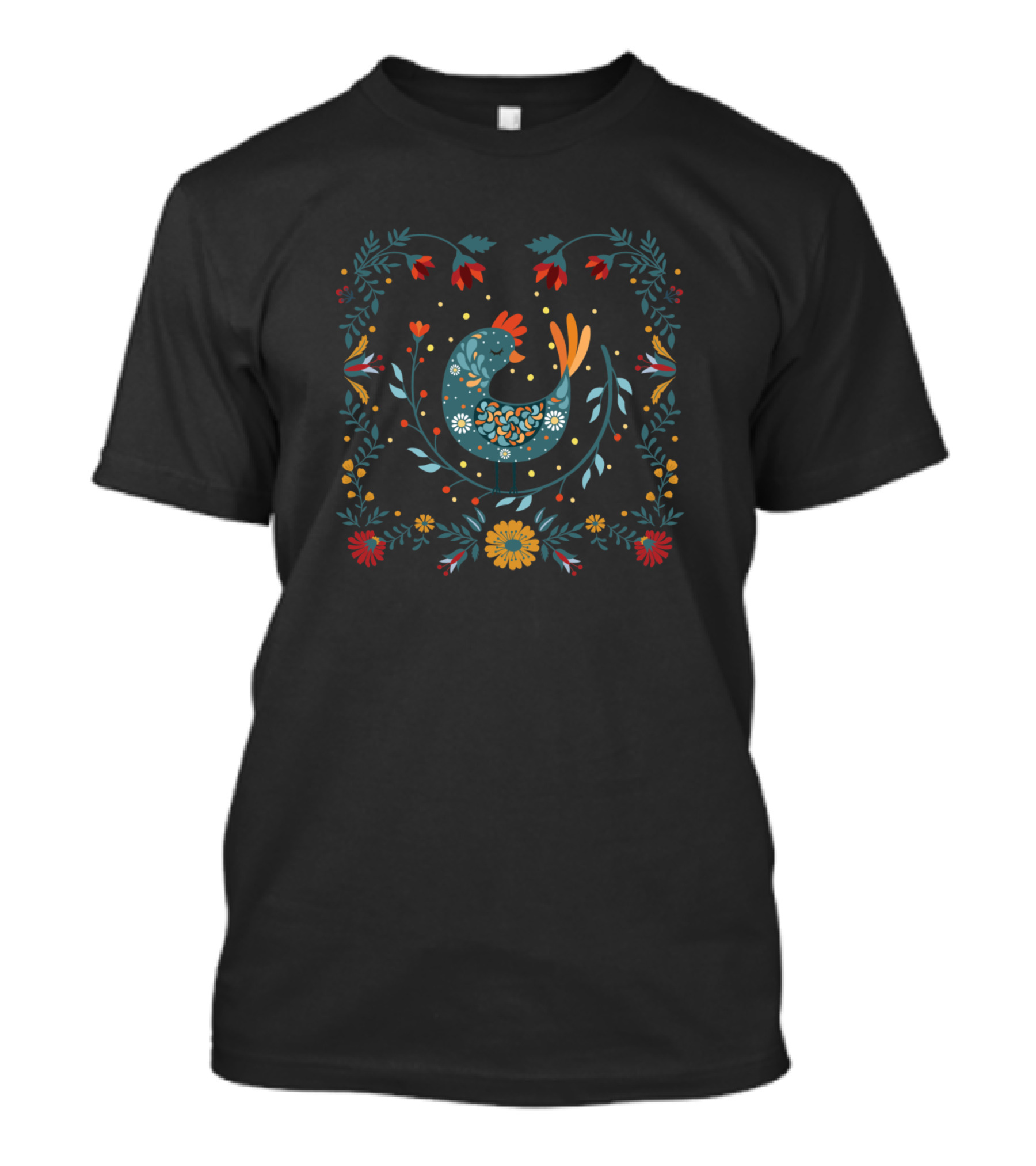 Rooster Bird Scandinavian Folk Floral T-Shirt
