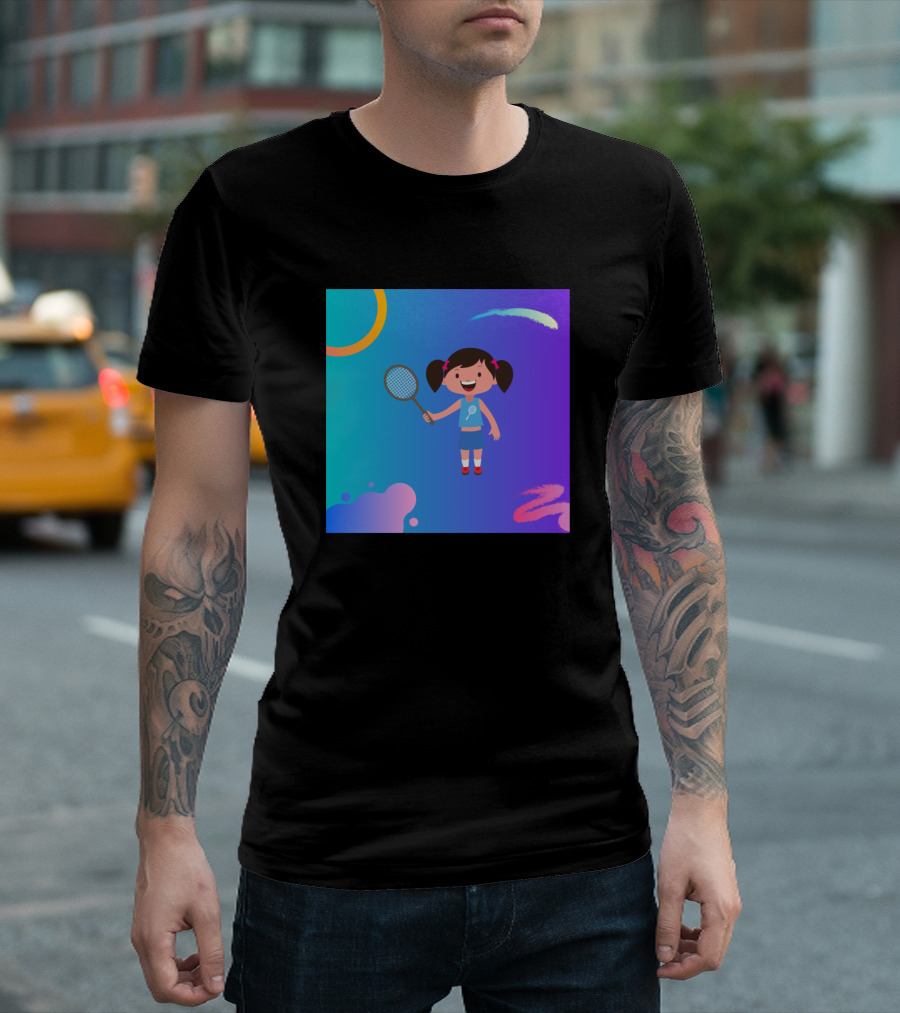 Badminton Girl Cartoon Character with Racket on Vibrant Background T-Shirt