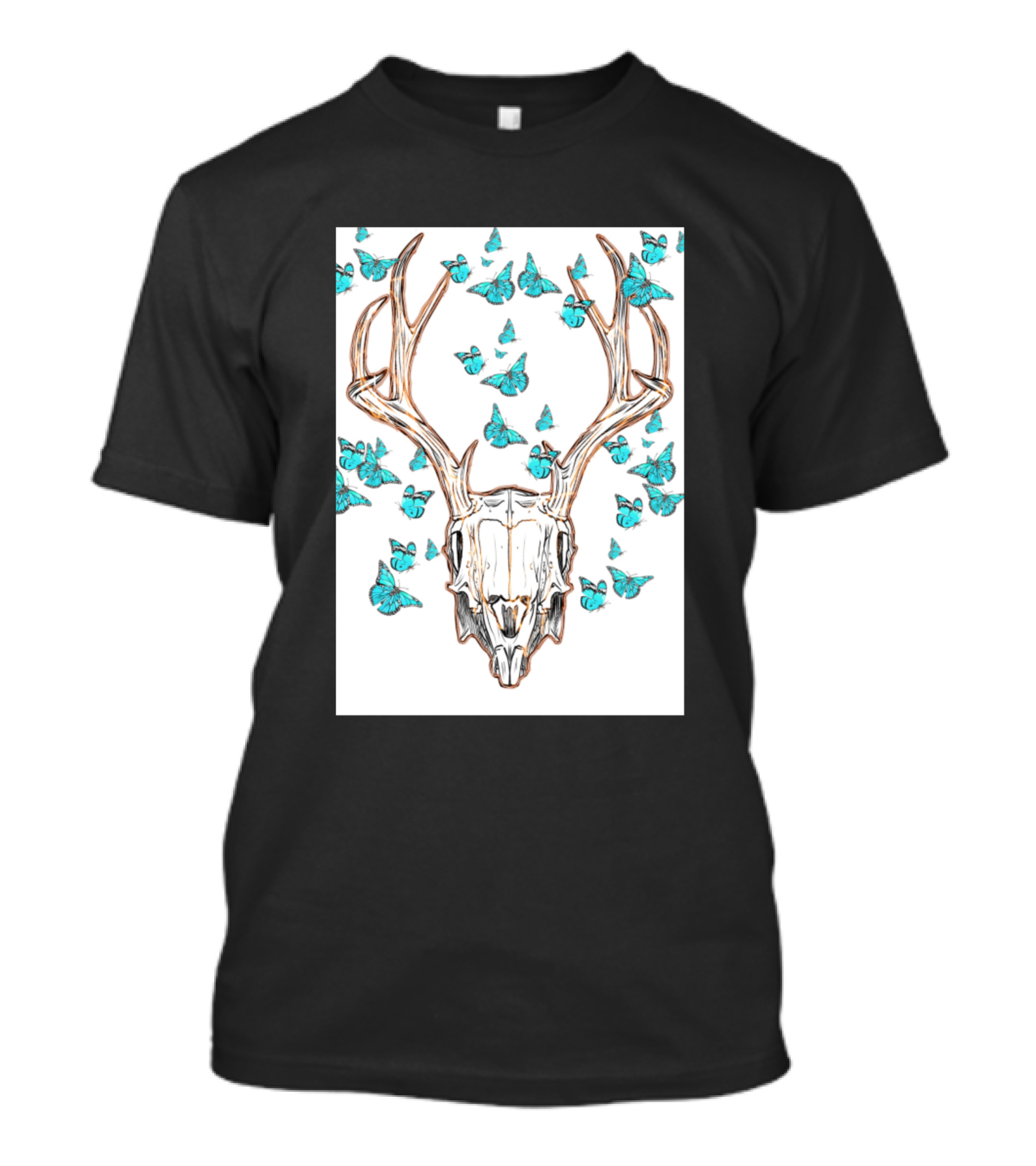 Butterfly Antler Skull With Blue Swarm T-Shirt
