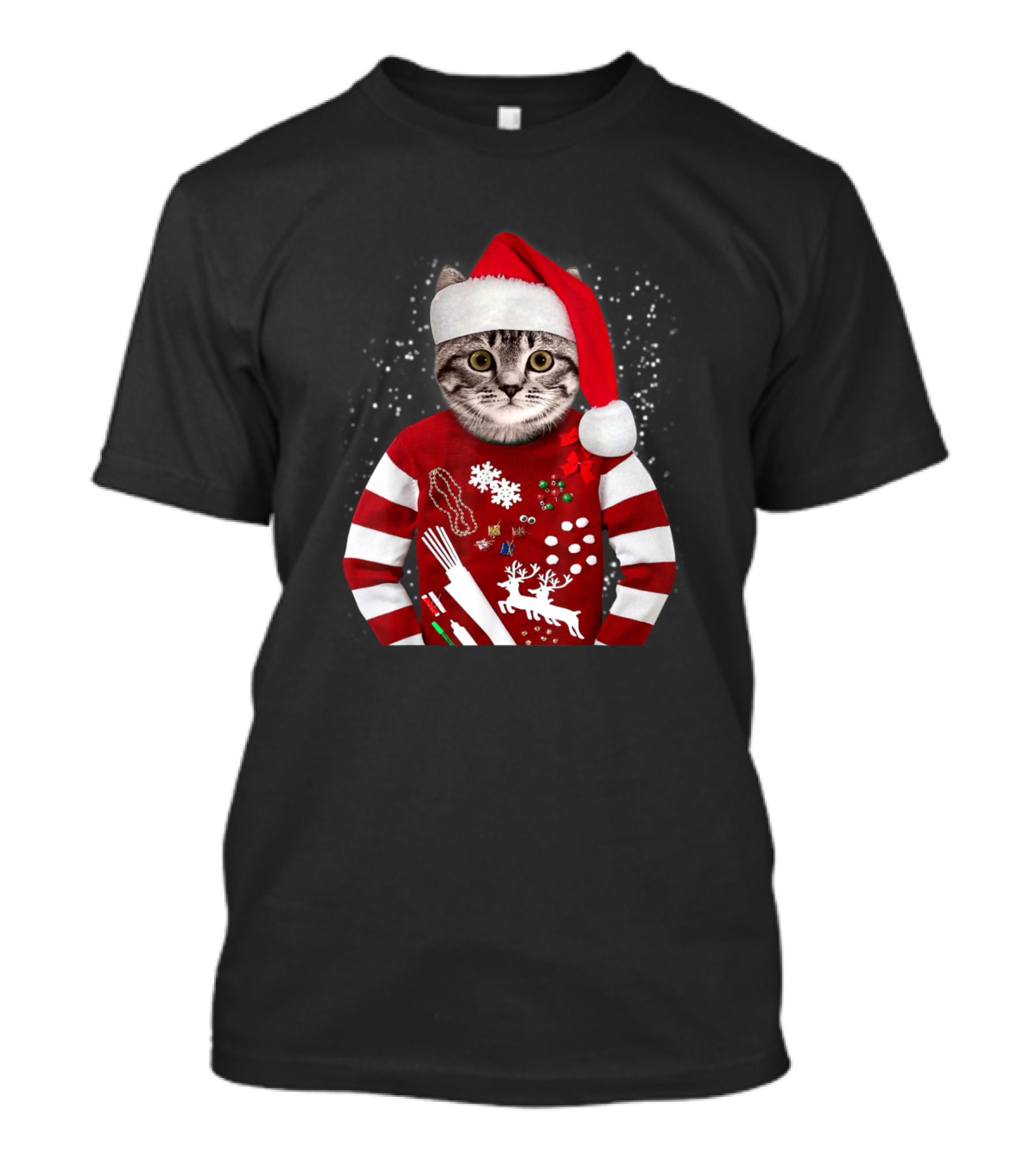Cat Wearing Christmas Santa Hat Red Sweater Funny X Mas T-Shirt