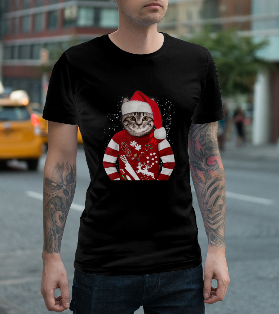 Cat Wearing Christmas Santa Hat Red Sweater Funny X Mas T-Shirt