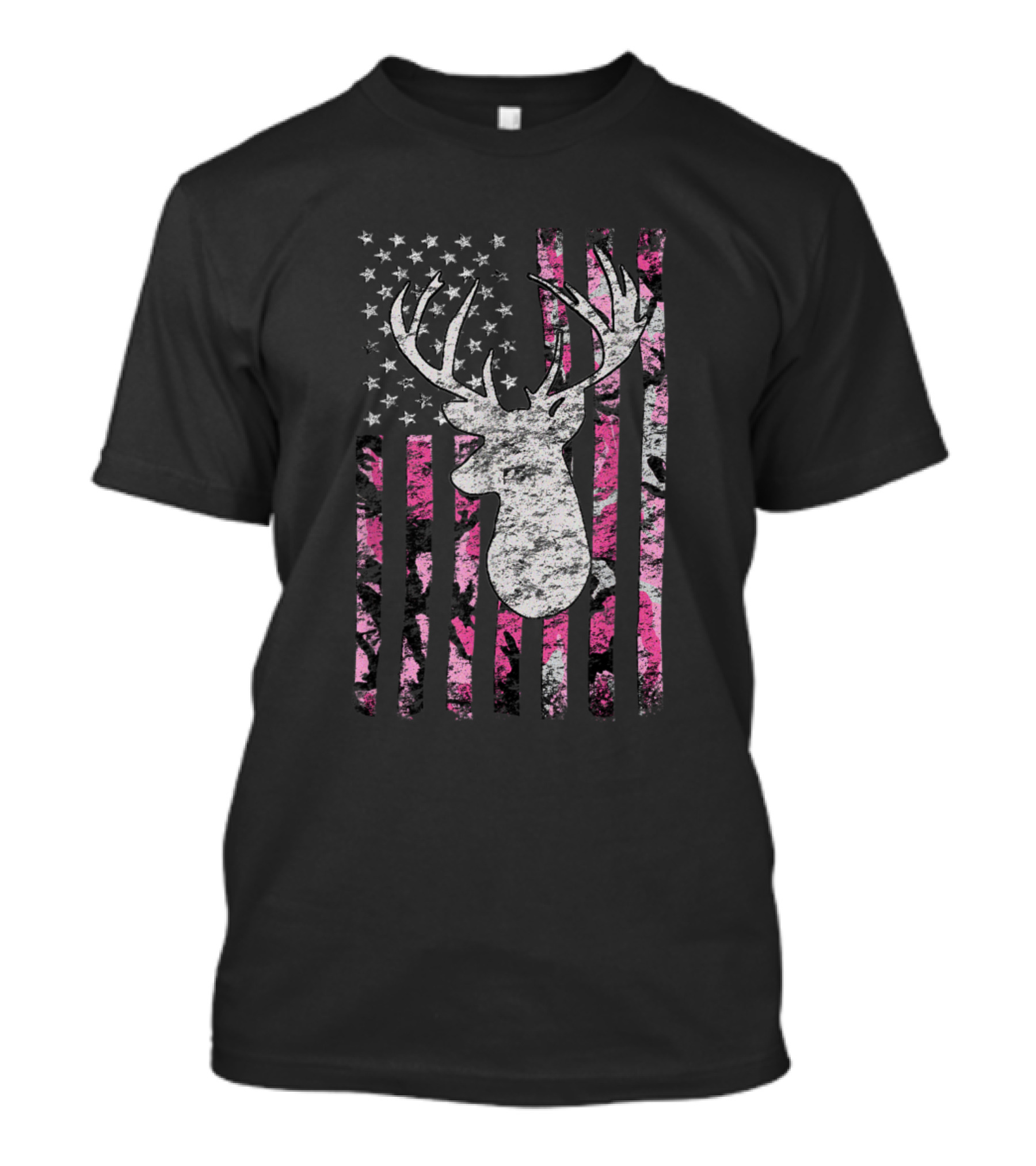 Deer Hunting Buck American Flag Pink Camouflage 335 T-Shirt