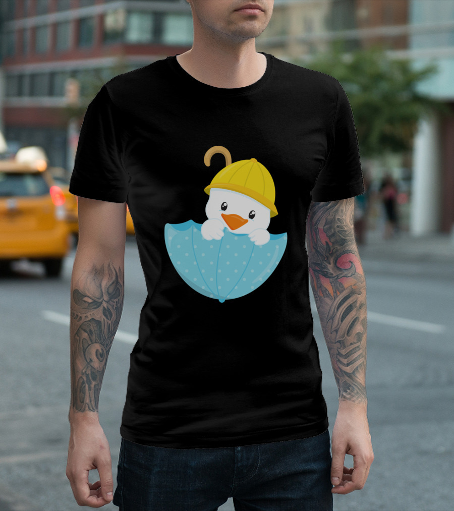 Duck Baby in Yellow Hat with Blue Polka Dot Umbrella T-Shirt