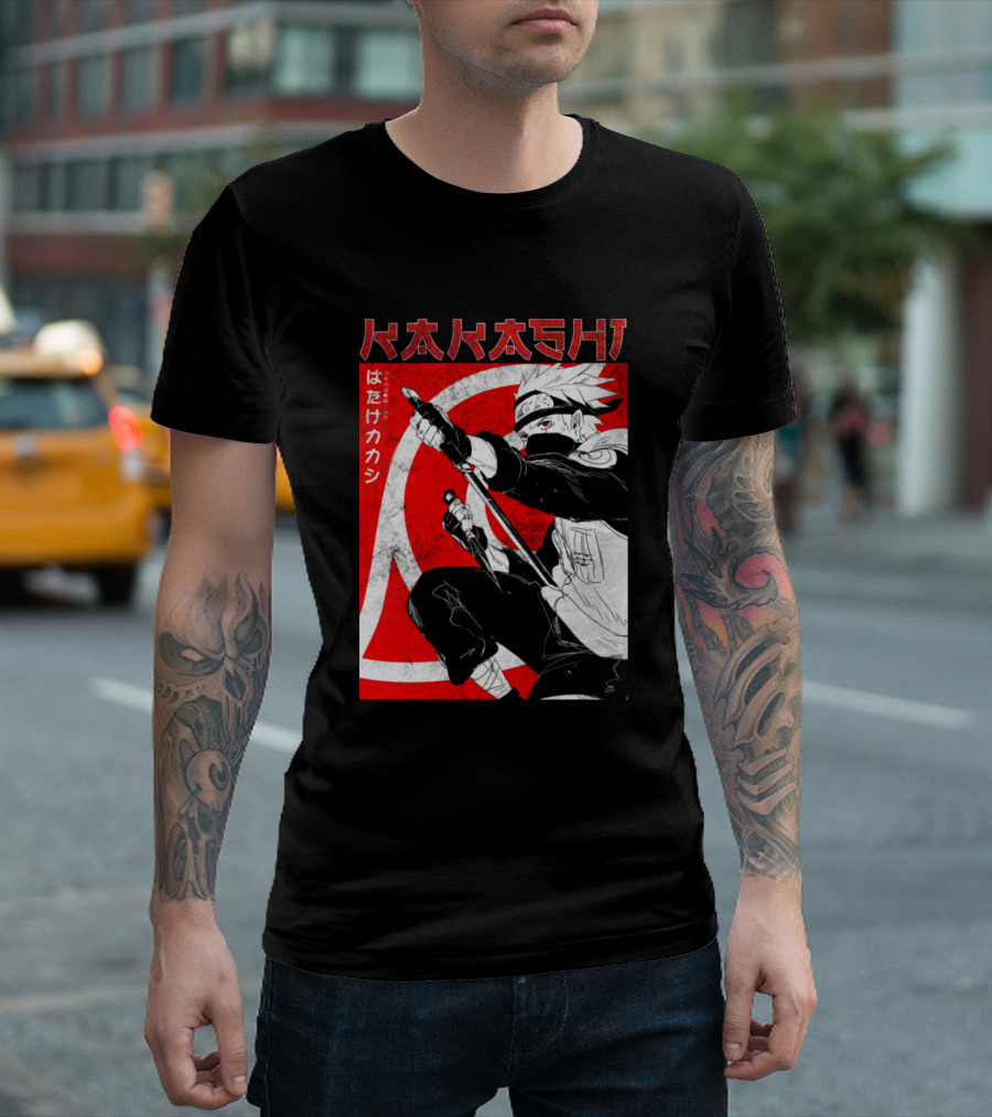 Kakashi Hatake Manga Style with Red Leaf Symbol Background T-Shirt