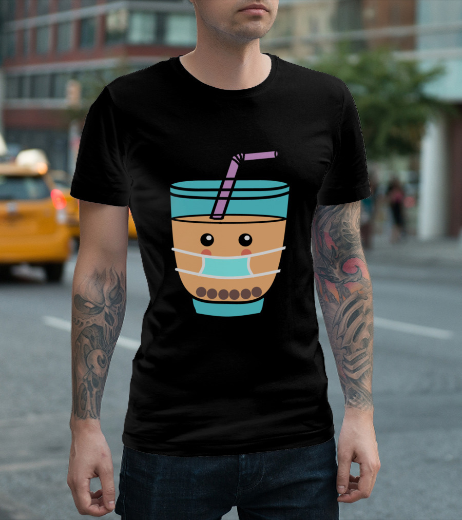 Mask Wearing Cute Bubble Tea Cup With Straw T-Shirt