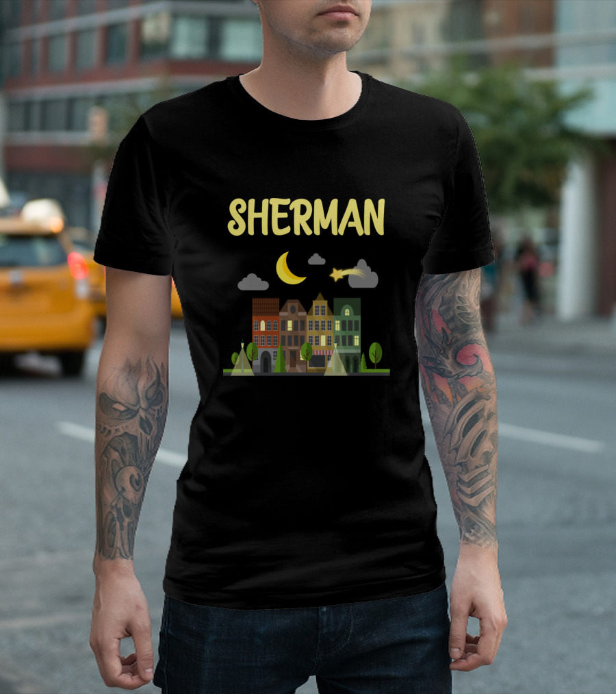 Sherman Night City Crescent Moon and Starry Skies T-Shirt
