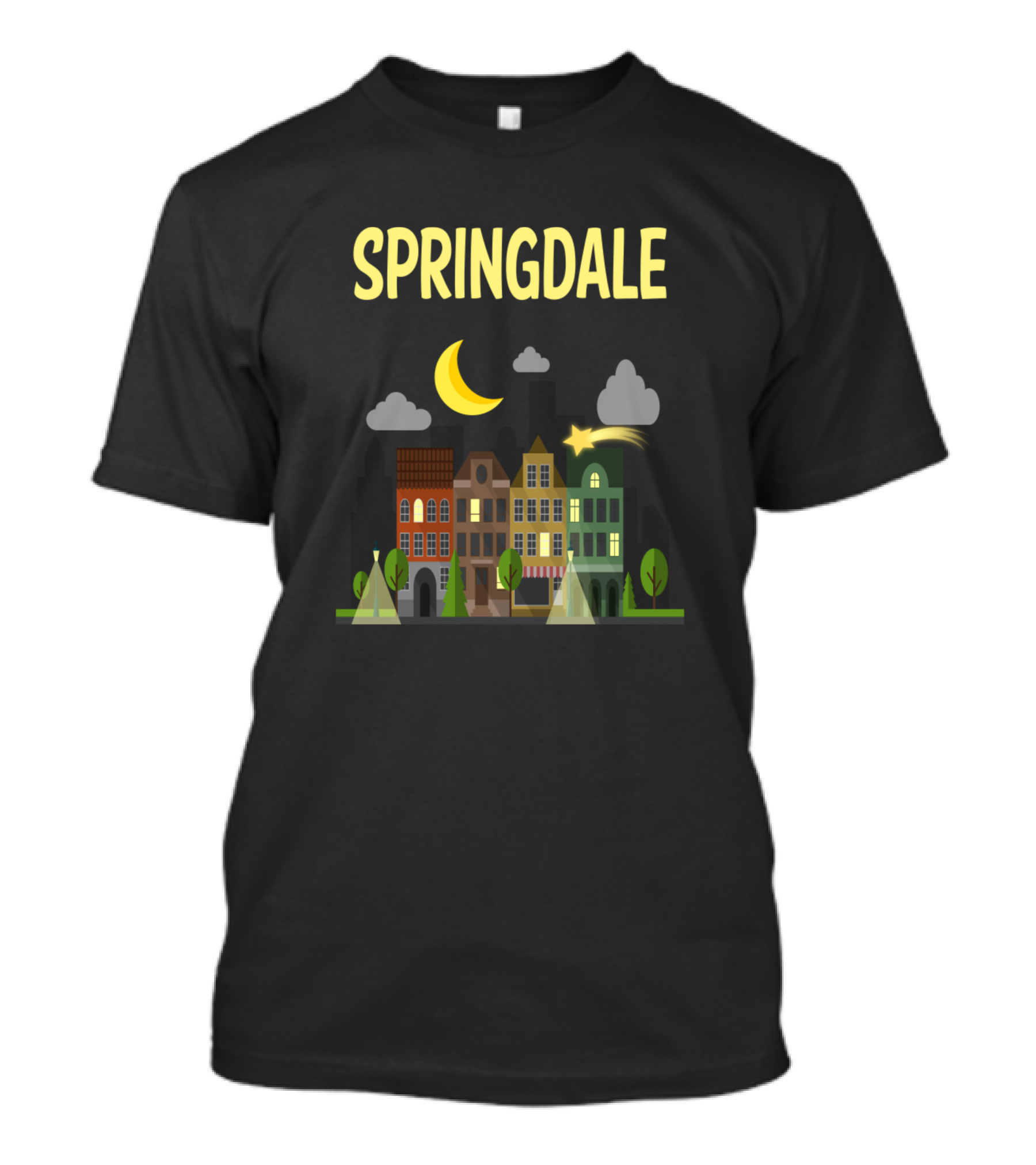 Springdale Nighttime Cityscape With Moon And Stars T-Shirt