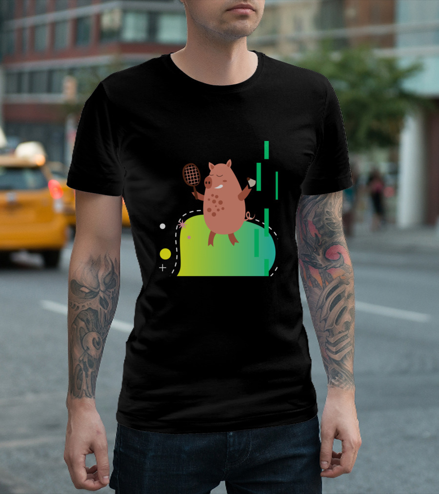 Pig Playing Badminton With Racket And Shuttlecock T-Shirt